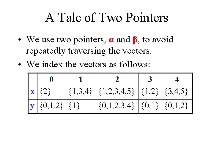 A Tale of Two Pointers • We use two pointers, α and β, to