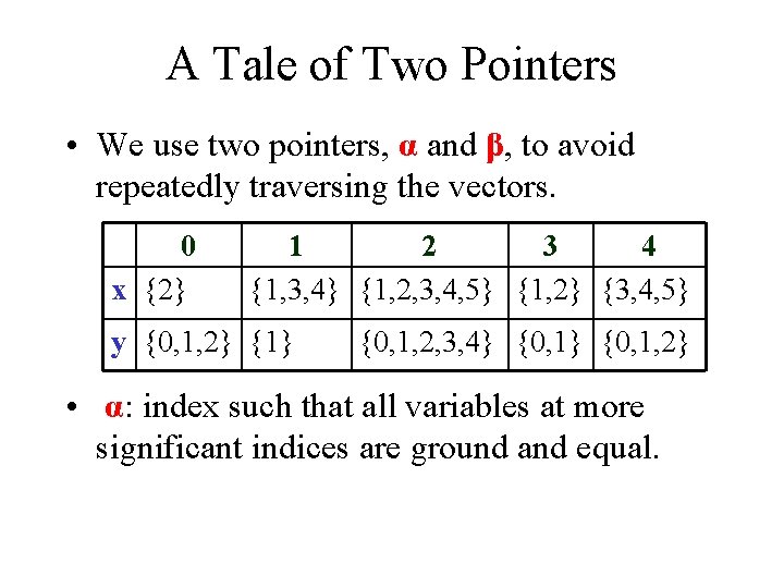 A Tale of Two Pointers • We use two pointers, α and β, to