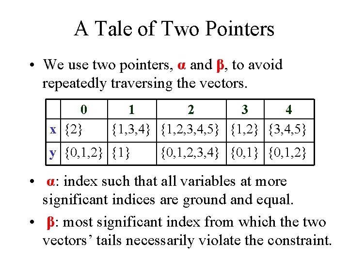 A Tale of Two Pointers • We use two pointers, α and β, to