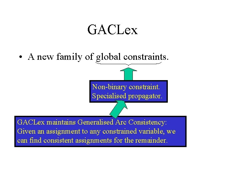 GACLex • A new family of global constraints. Non-binary constraint. Specialised propagator. GACLex maintains
