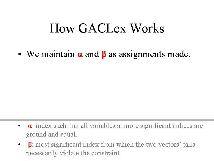 How GACLex Works • We maintain α and β as assignments made. • α: