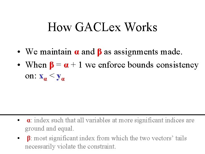 How GACLex Works • We maintain α and β as assignments made. • When