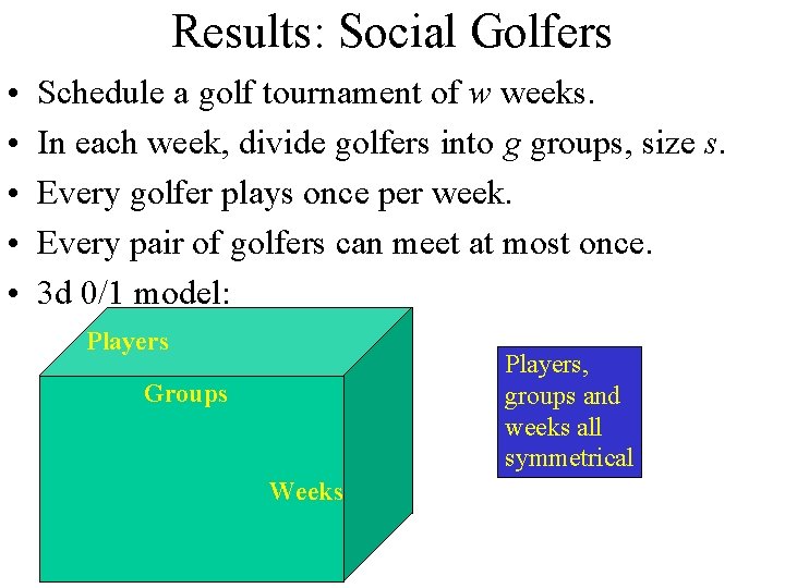 Results: Social Golfers • • • Schedule a golf tournament of w weeks. In