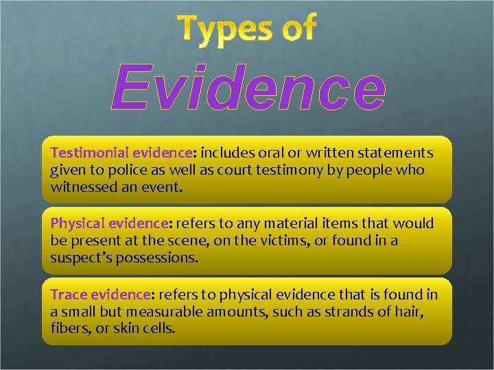 Evidence Testimonial evidence: includes oral or written statements given to police as well as