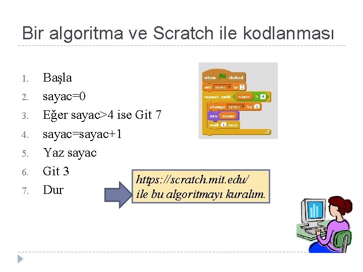 Bir algoritma ve Scratch ile kodlanması 1. 2. 3. 4. 5. 6. 7. Başla