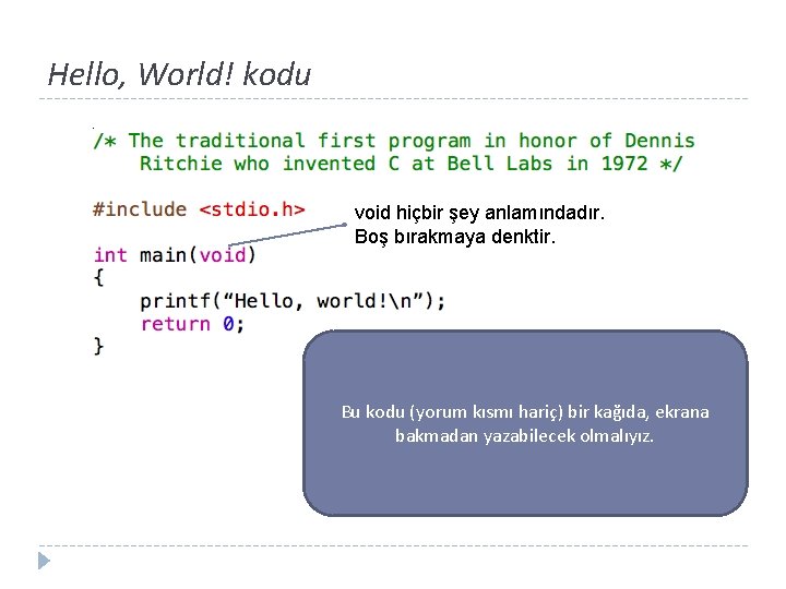 Hello, World! kodu void hiçbir şey anlamındadır. Boş bırakmaya denktir. Bu kodu (yorum kısmı