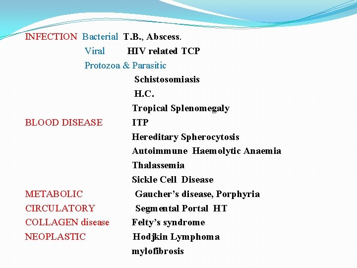 INFECTION Bacterial T. B. , Abscess. Viral HIV related TCP Protozoa & Parasitic Schistosomiasis