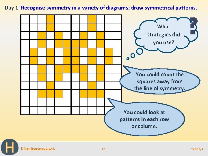 Day 1: Recognise symmetry in a variety of diagrams; draw symmetrical patterns. What strategies