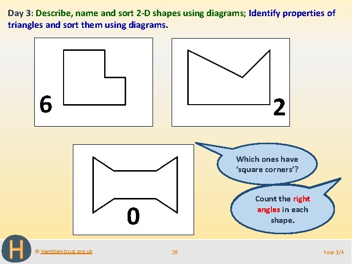 Day 3: Describe, name and sort 2 -D shapes using diagrams; Identify properties of