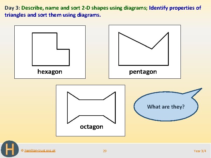 Day 3: Describe, name and sort 2 -D shapes using diagrams; Identify properties of