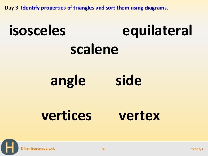 Day 3: Identify properties of triangles and sort them using diagrams. isosceles scalene angle