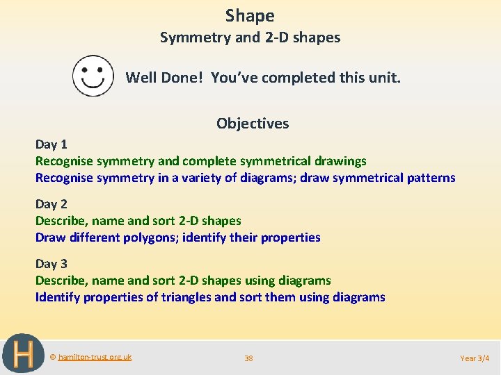 Shape Symmetry and 2 -D shapes Well Done! You’ve completed this unit. Objectives Day