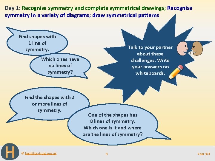 Day 1: Recognise symmetry and complete symmetrical drawings; Recognise symmetry in a variety of
