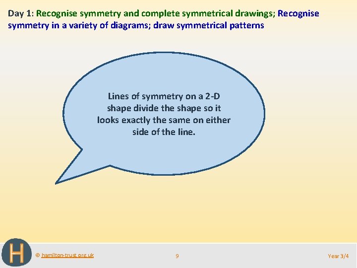 Day 1: Recognise symmetry and complete symmetrical drawings; Recognise symmetry in a variety of