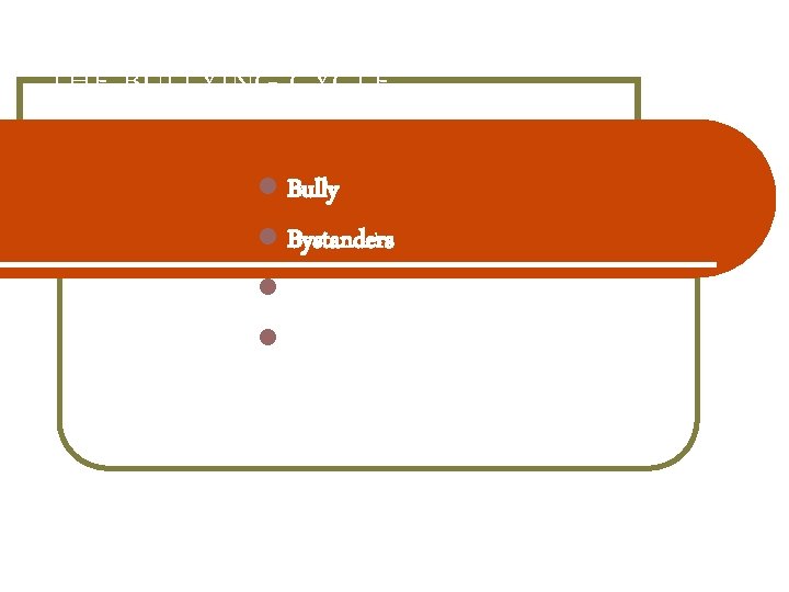 THE BULLYING CYCLE Bully Bystanders Target Defenders 