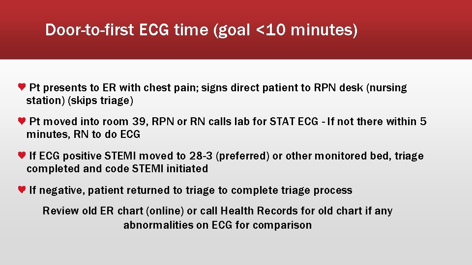 Door-to-first ECG time (goal <10 minutes) Pt presents to ER with chest pain; signs