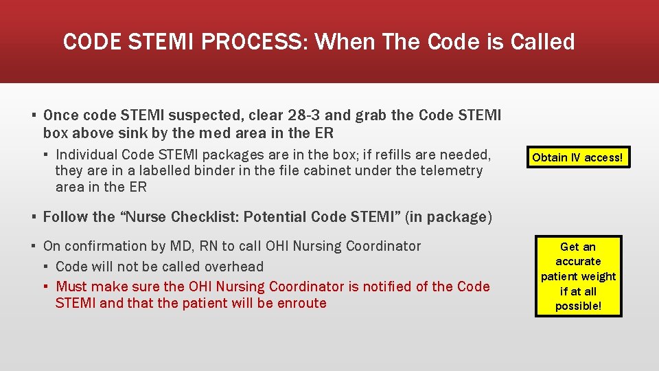 CODE STEMI PROCESS: When The Code is Called ▪ Once code STEMI suspected, clear