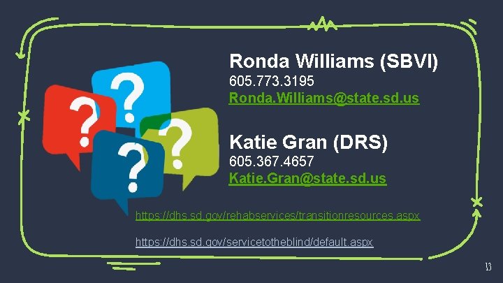 Ronda Williams (SBVI) 605. 773. 3195 Ronda. Williams@state. sd. us Katie Gran (DRS) 605.