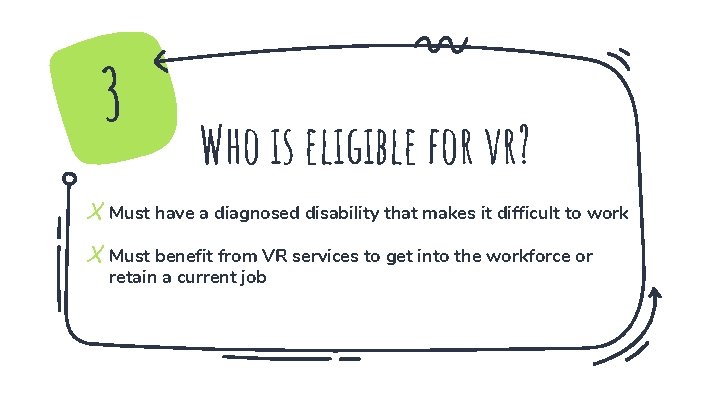 3 Who is eligible for vr? X Must have a diagnosed disability that makes