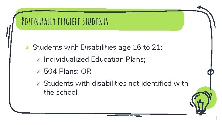 Potentially eligible students ✗ Students with Disabilities age 16 to 21: ✗ Individualized Education