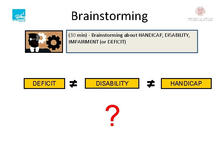 Brainstorming (30 min) - Brainstorming about HANDICAP, DISABILITY, IMPAIRMENT (or DEFICIT) DEFICIT DISABILITY ?