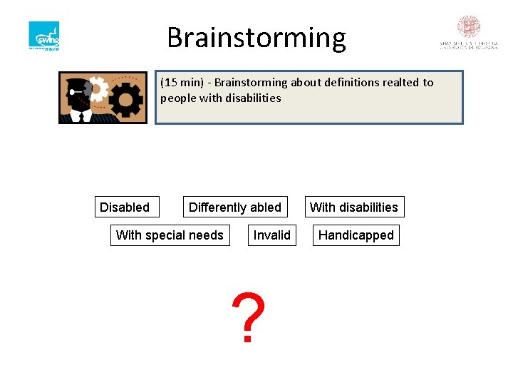 Brainstorming (15 min) - Brainstorming about definitions realted to people with disabilities Disabled Differently