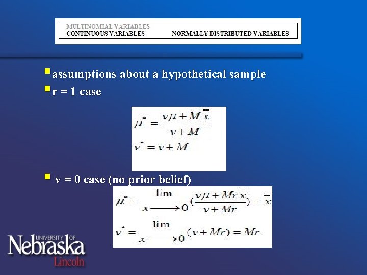 §assumptions about a hypothetical sample §r = 1 case § v = 0 case