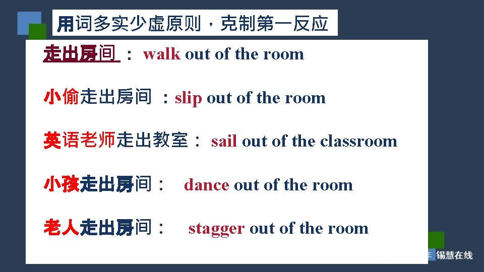 用词多实少虚原则,克制第一反应 走出房间 : walk out of the room 小偷走出房间 :slip out of the room 用词多实少虚原则,克制第一反应 走出房间 : walk out of the room 小偷走出房间 :slip out of the room