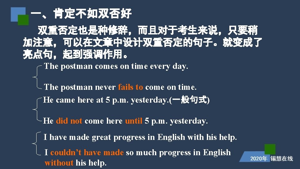 一、肯定不如双否好 双重否定也是种修辞,而且对于考生来说,只要稍 加注意,可以在文章中设计双重否定的句子。就变成了 亮点句,起到强调作用。 The postman comes on time every day. The postman never 一、肯定不如双否好 双重否定也是种修辞,而且对于考生来说,只要稍 加注意,可以在文章中设计双重否定的句子。就变成了 亮点句,起到强调作用。 The postman comes on time every day. The postman never