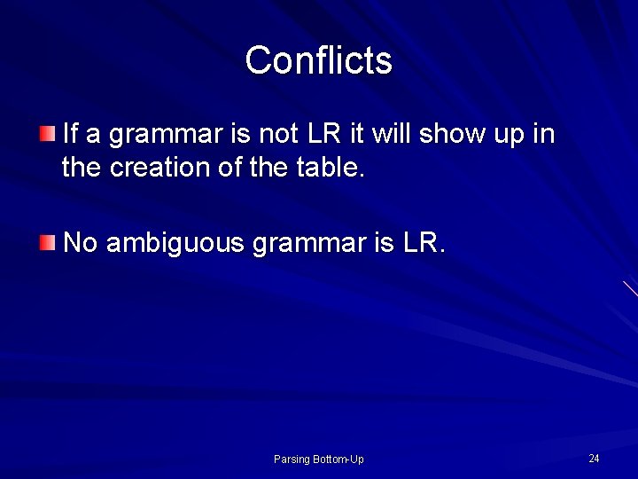 Conflicts If a grammar is not LR it will show up in the creation
