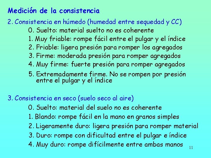 Medición de la consistencia 2. Consistencia en húmedo (humedad entre sequedad y CC) 0.