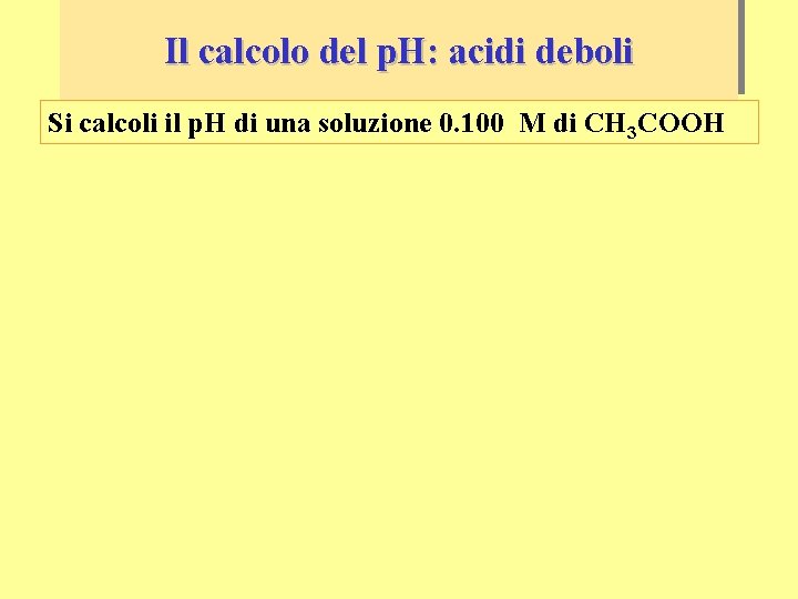 Il calcolo del p. H: acidi deboli Si calcoli il p. H di una