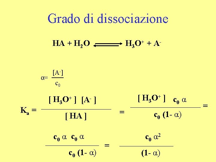 Grado di dissociazione HA + H 2 O α= Ka = H 3 O+