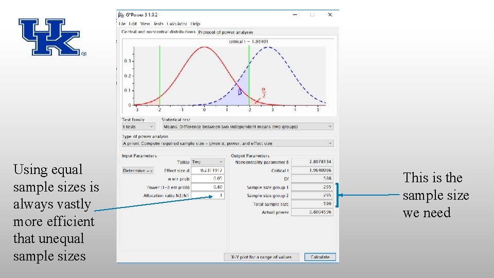 Results Using equal sample sizes is always vastly more efficient that unequal sample sizes