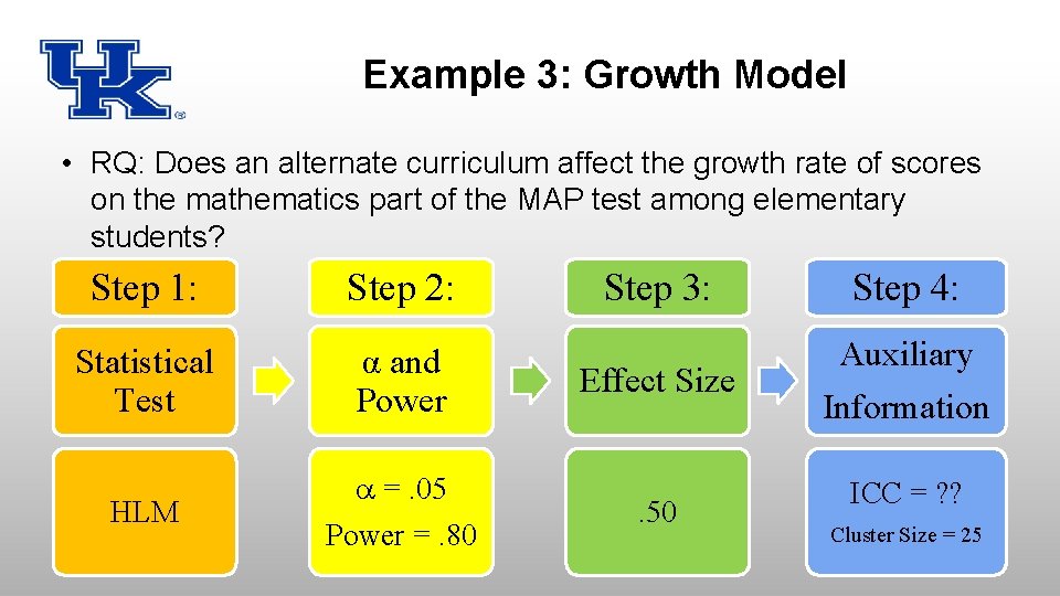 Example 3: Growth Model • RQ: Does an alternate curriculum affect the growth rate