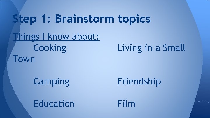 Step 1: Brainstorm topics Things I know about: Cooking Town Living in a Small