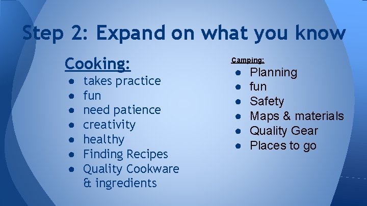 Step 2: Expand on what you know Cooking: ● ● ● ● takes practice