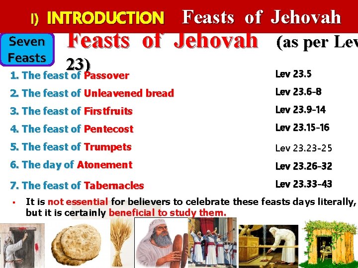 I) INTRODUCTION Seven Feasts of Jehovah (as per Lev 23) 1. The feast of