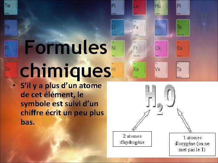 Formules chimiques • S’il y a plus d’un atome de cet élément, le symbole