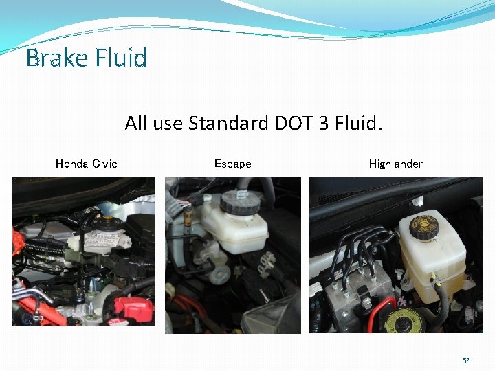 Brake Fluid All use Standard DOT 3 Fluid. Honda Civic Escape Highlander 52 