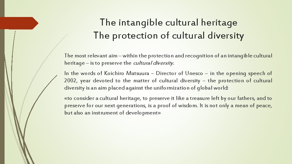 The intangible cultural heritage The protection of cultural diversity The most relevant aim –