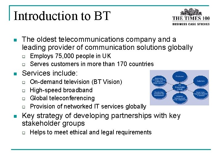 Introduction to BT n The oldest telecommunications company and a leading provider of communication