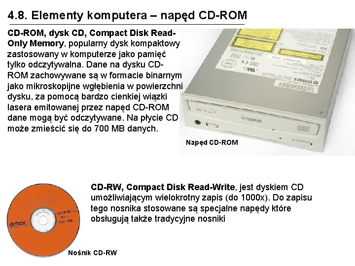 4. 8. Elementy komputera – napęd CD-ROM, dysk CD, Compact Disk Read. Only Memory,