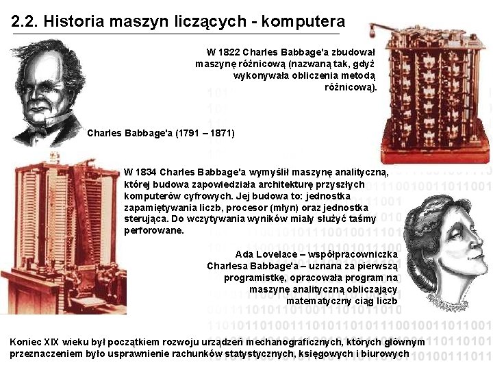 2. 2. Historia maszyn liczących - komputera W 1822 Charles Babbage'a zbudował maszynę różnicową
