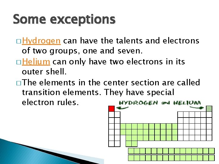 Some exceptions � Hydrogen can have the talents and electrons of two groups, one