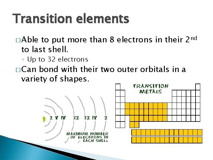 Transition elements � Able to put more than 8 electrons in their 2 nd