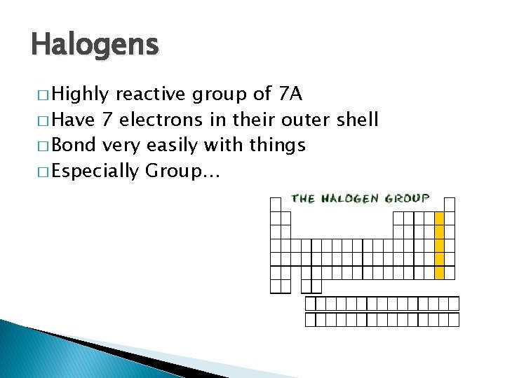 Halogens � Highly reactive group of 7 A � Have 7 electrons in their