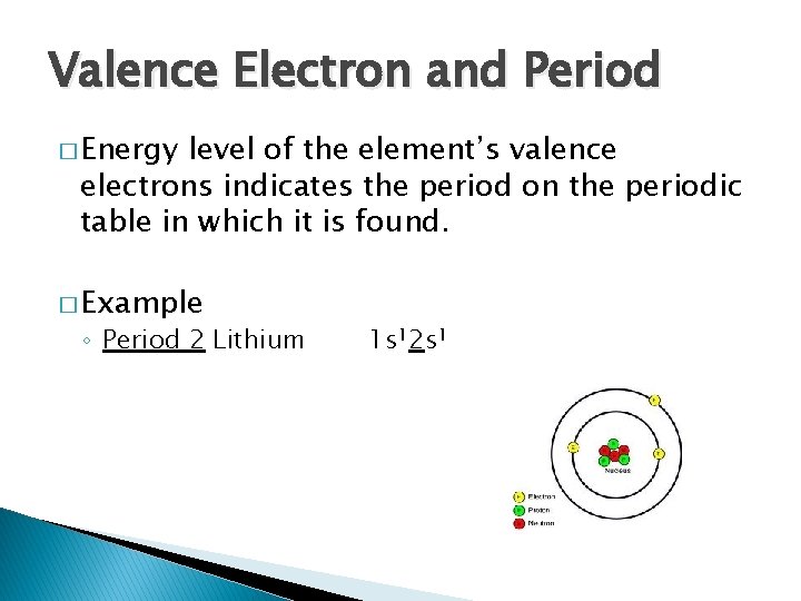 Valence Electron and Period � Energy level of the element’s valence electrons indicates the