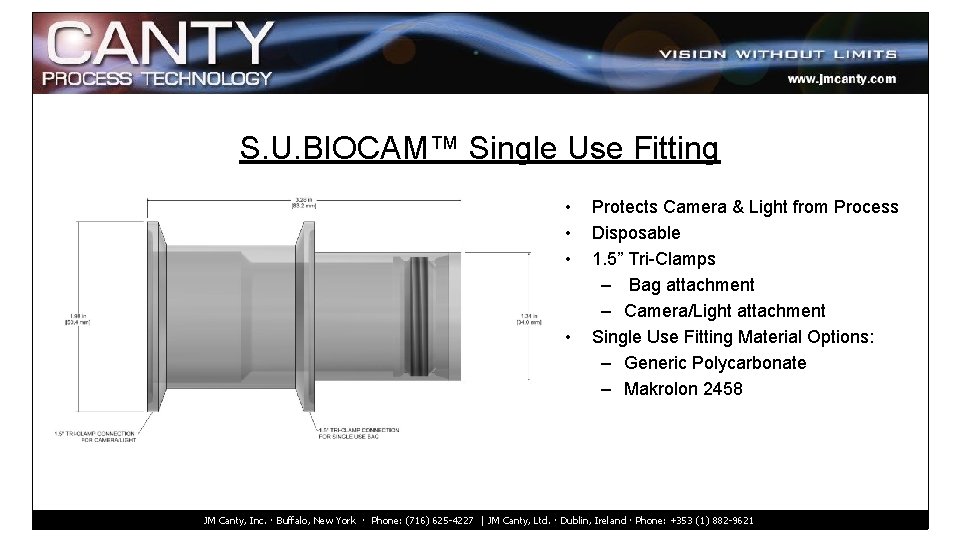 S. U. BIOCAM™ Single Use Fitting • • Protects Camera & Light from Process