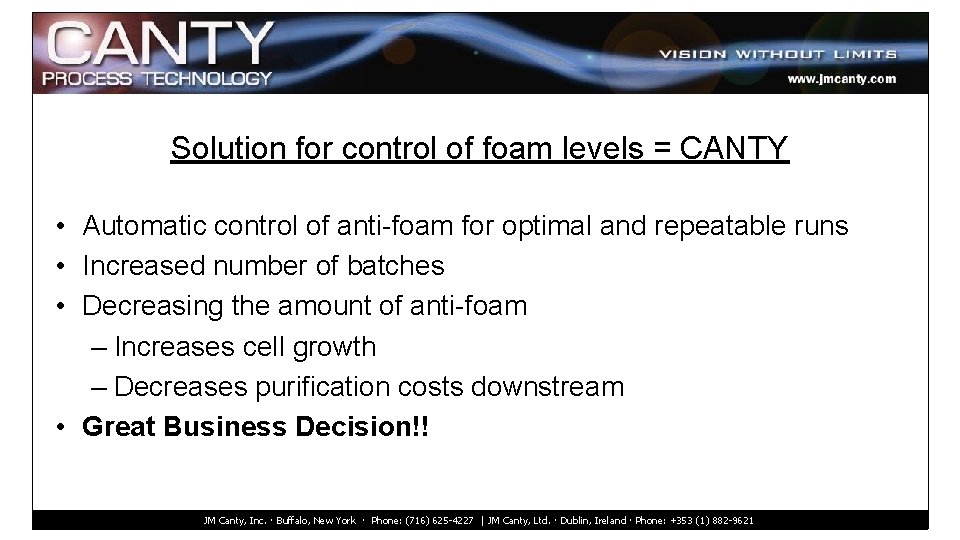 Solution for control of foam levels = CANTY • Automatic control of anti-foam for